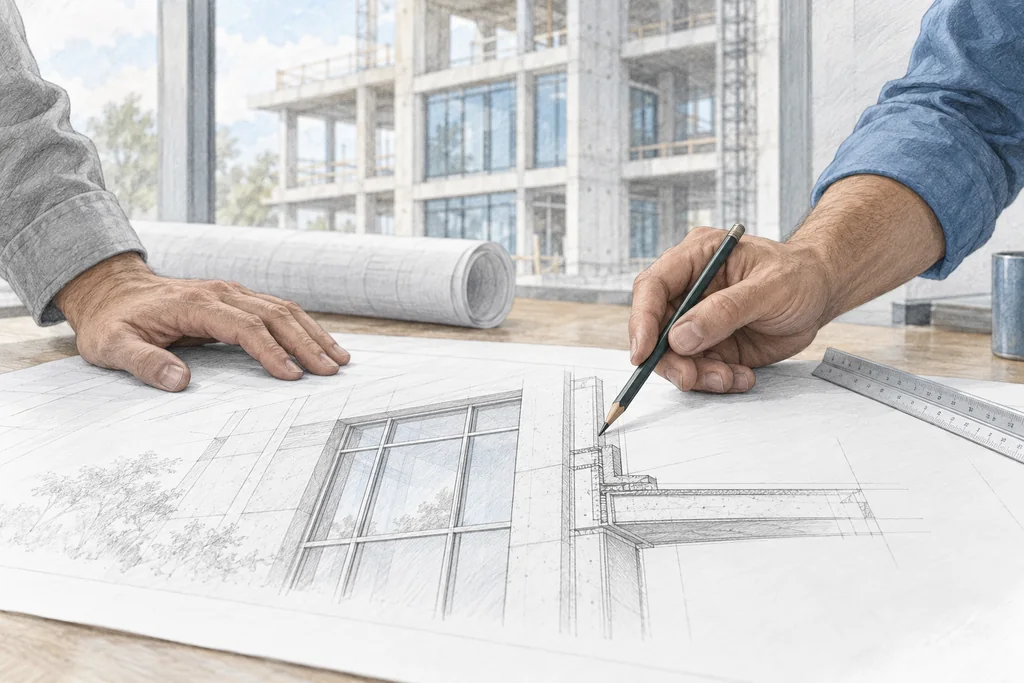 Wspólna praca nad detalem architektonicznym na tle budowy — ilustracja AI