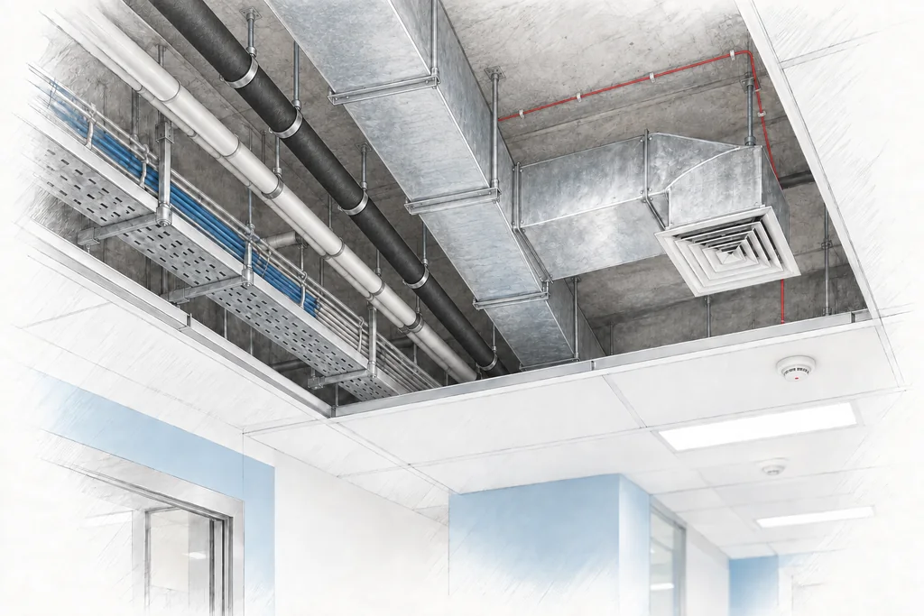 Instalacje nad sufitem podwieszanym z czujką pożarową i czerwonym przewodem — ilustracja AI