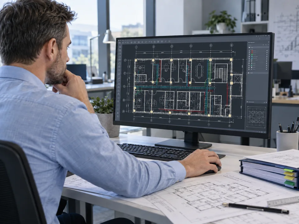 Ilustracja AI: projektant pracujący nad rzutem technicznym CAD